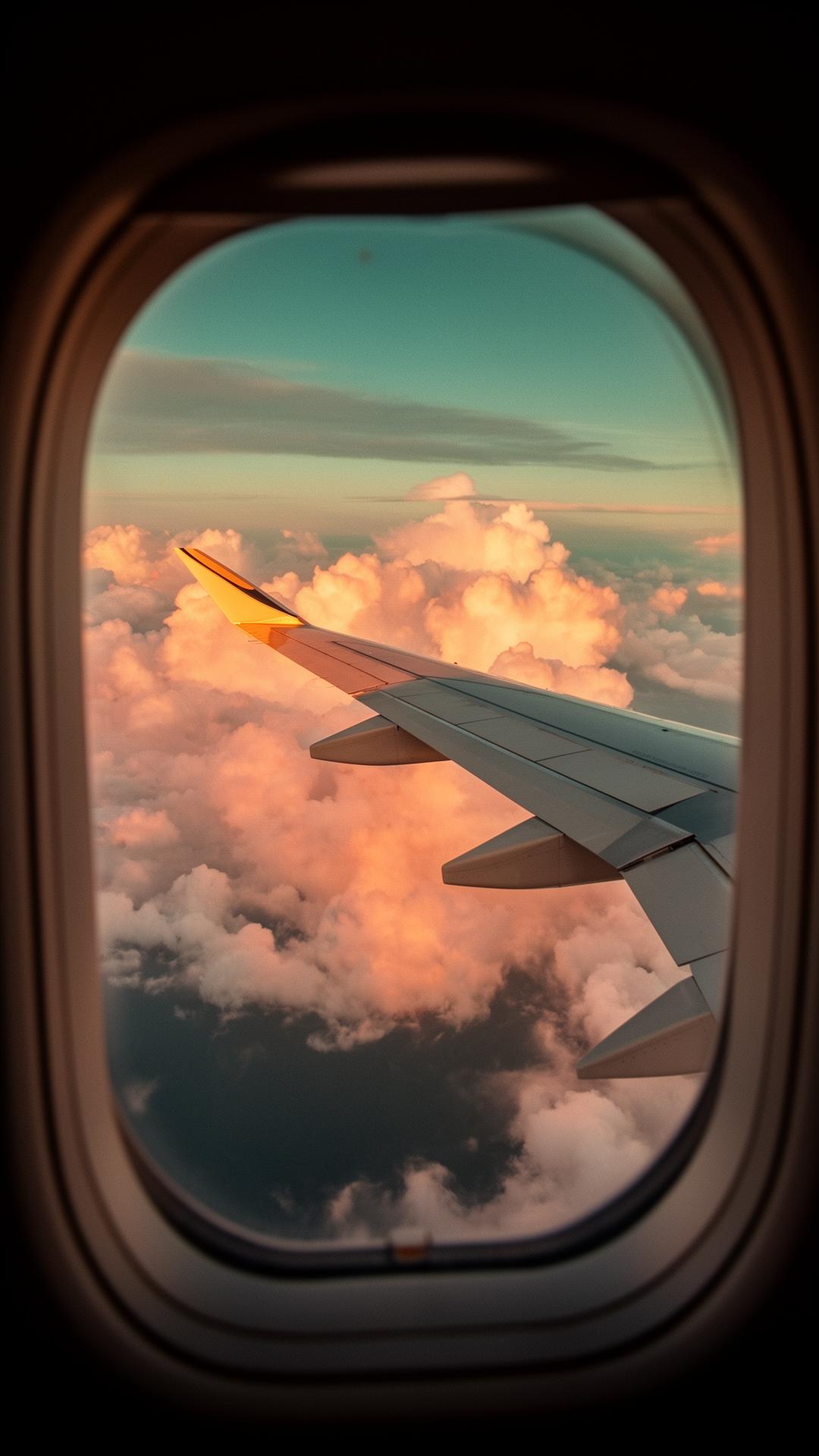 View from a business-class window — aircraft wing above golden-hour clouds
